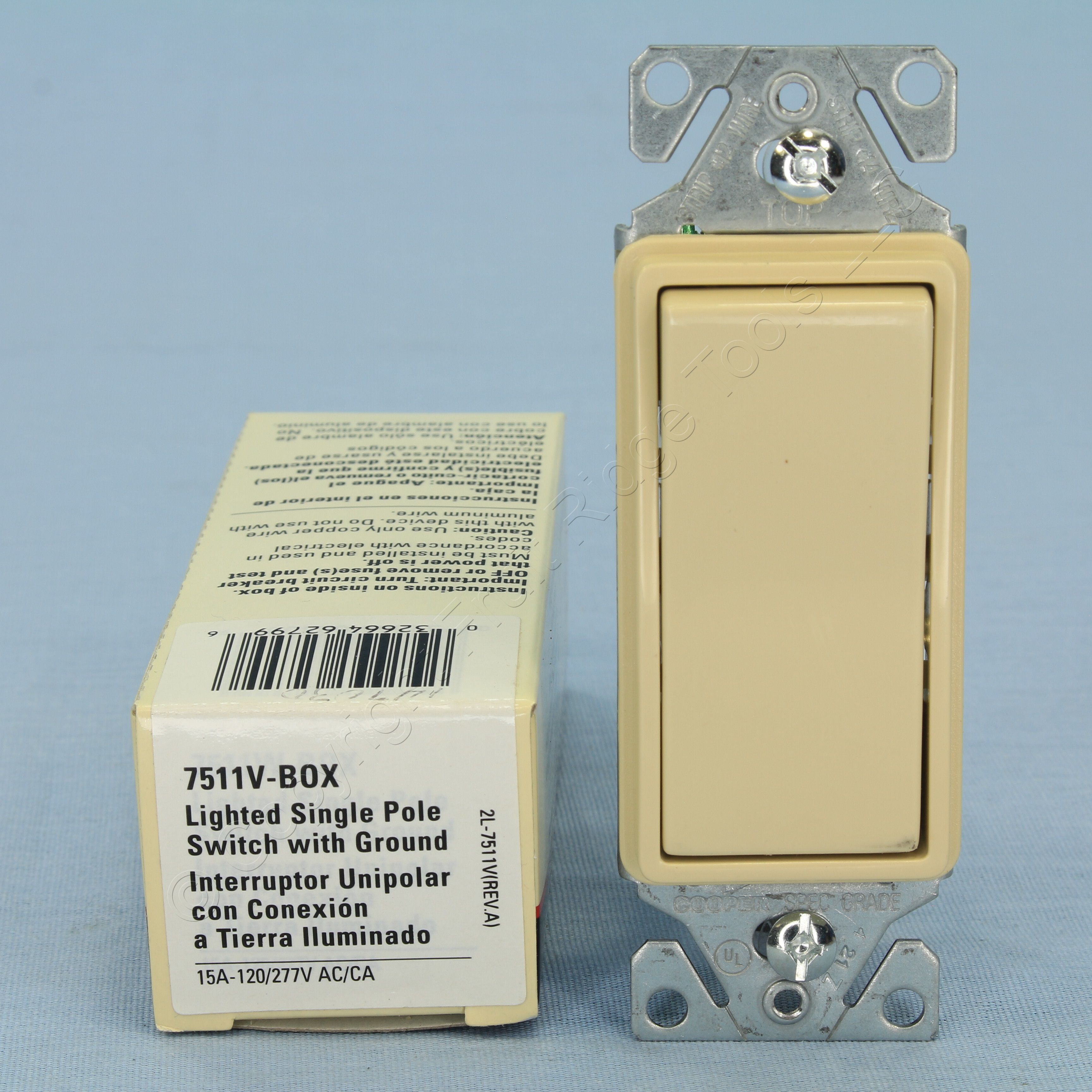 Cooper Ivory Lighted Single Pole Decorator Rocker Switch 15A 120/277VAC