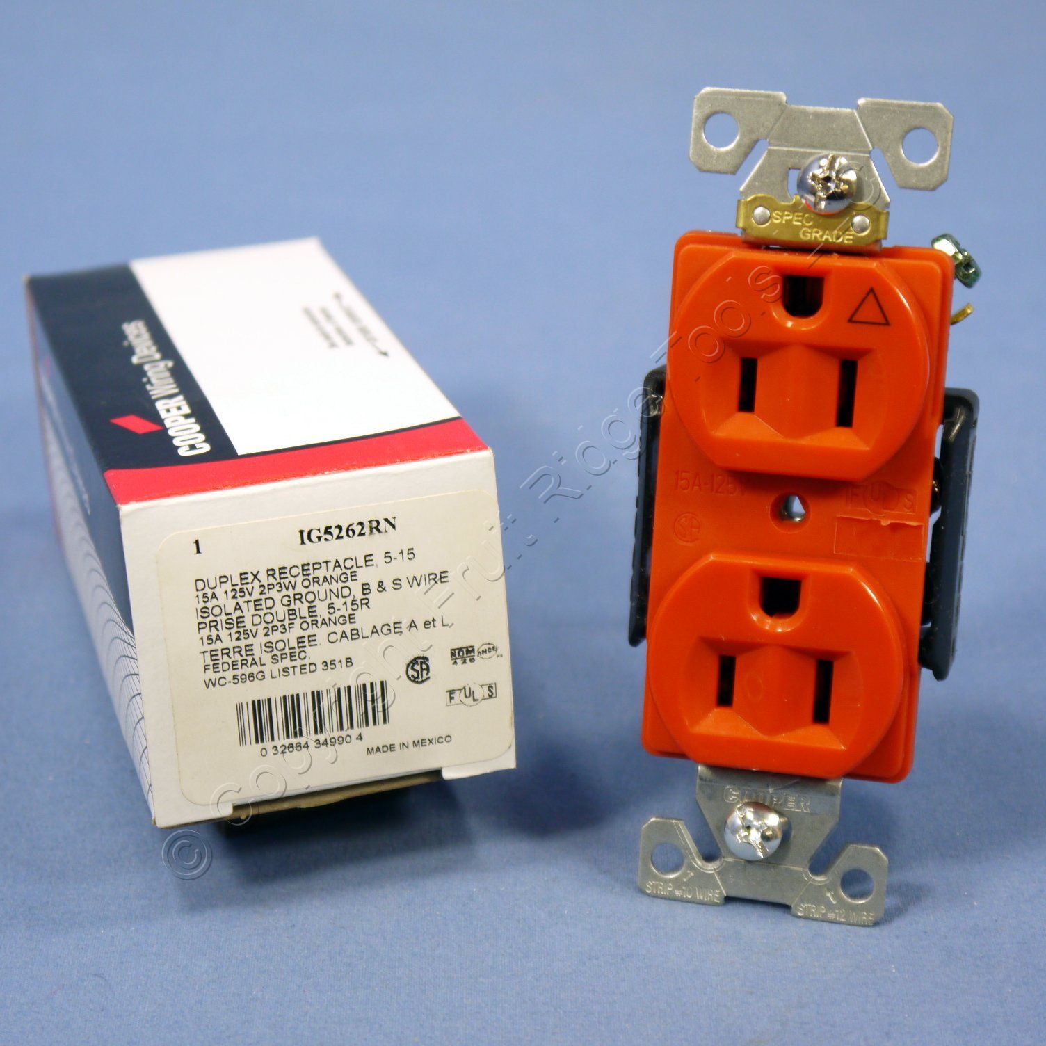 Cooper Orange ISOLATED GROUND Duplex Receptacle Outlet 5-15R 15A ...