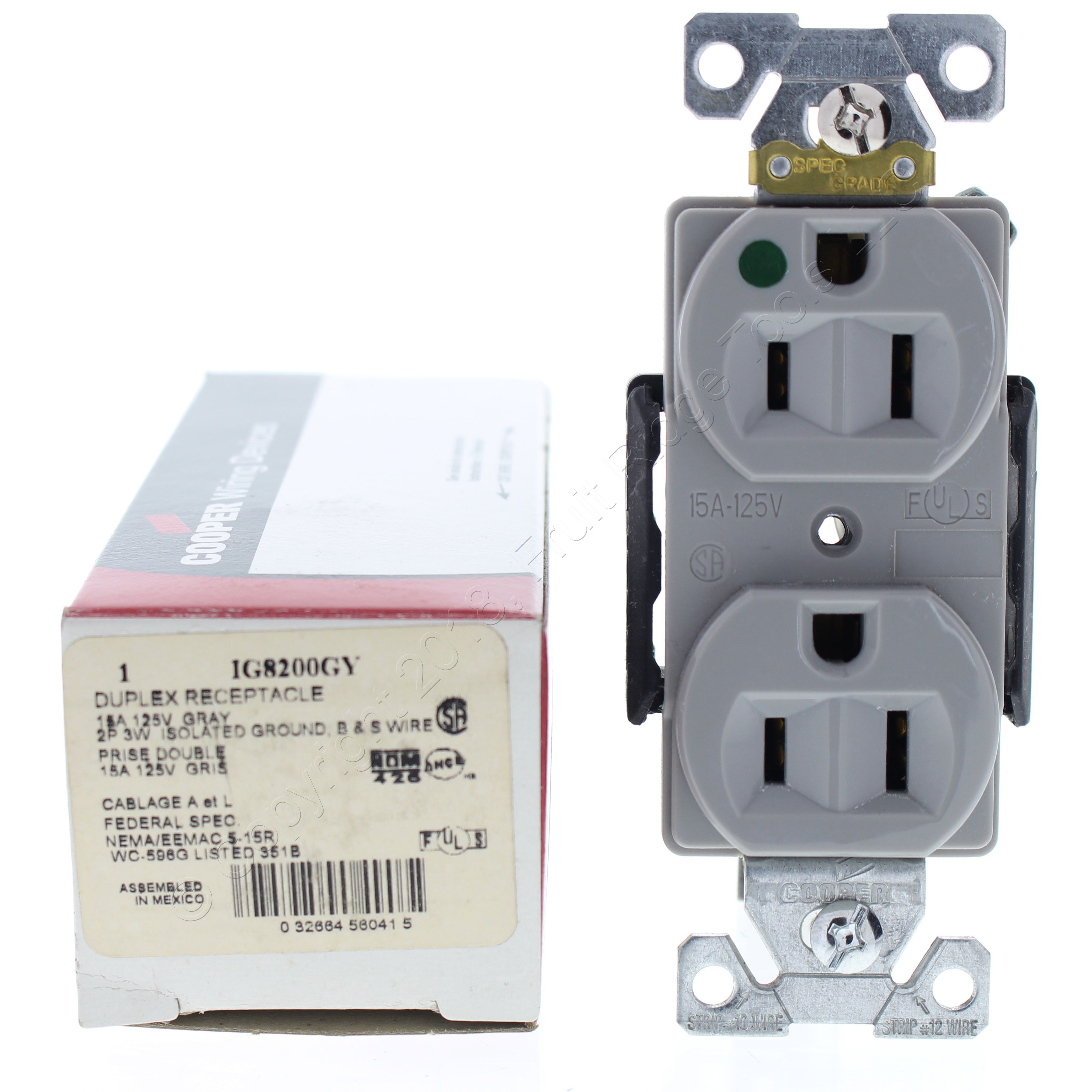 Cooper Gray Isolated Ground Duplex Receptacle NEMA 5-15R 15A 125V 2P3W ...